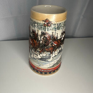Vintage Budweiser 1980’s Holiday Beer Stein Snowy Woodland Clydesdale Mug